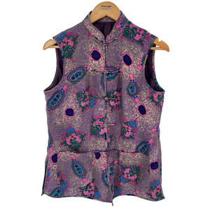 Women's Vintage Cheongsam Vest Purple Floral Frog Button Sleeveless Collared M/L